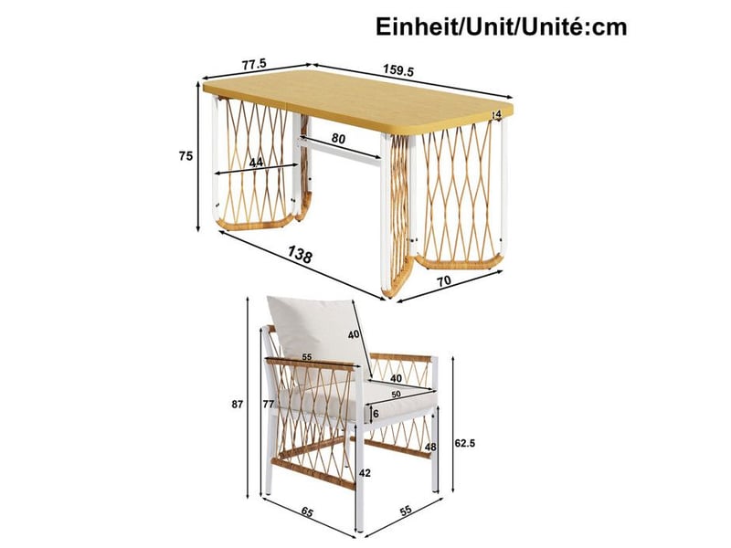 Ensemble de meubles de jardin en rotin - cadre en fer blanc - table 159,5x77,5x75 cm - 6 chaises 55x65x87 cm - Conforama E