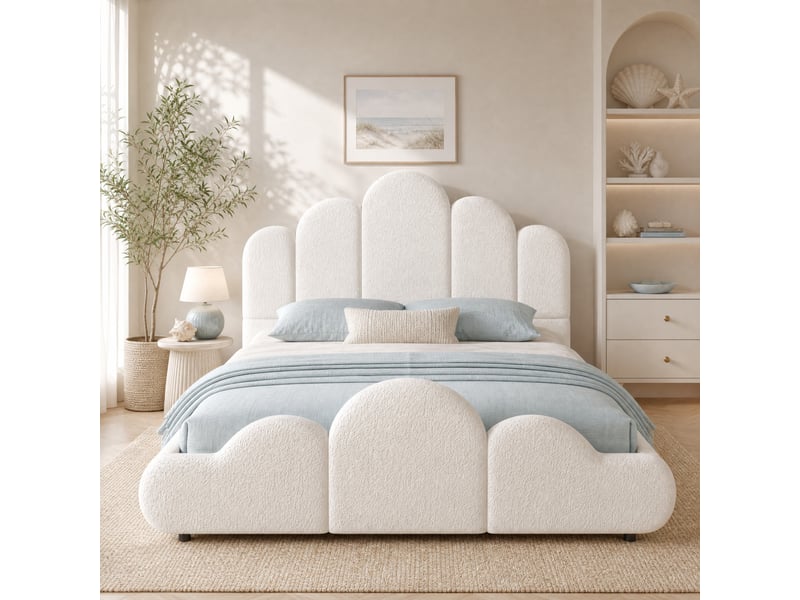  Lit enfant 140x200 cm bouclé beige avec sommier à lattes et angles arrondis  - Conforama B