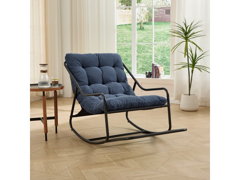  Fauteuil à bascule extérieur - 75x116x82cm - rocking chair de jardin avec coussin épais et moelleux - bleu marine et noir  - Conforama B