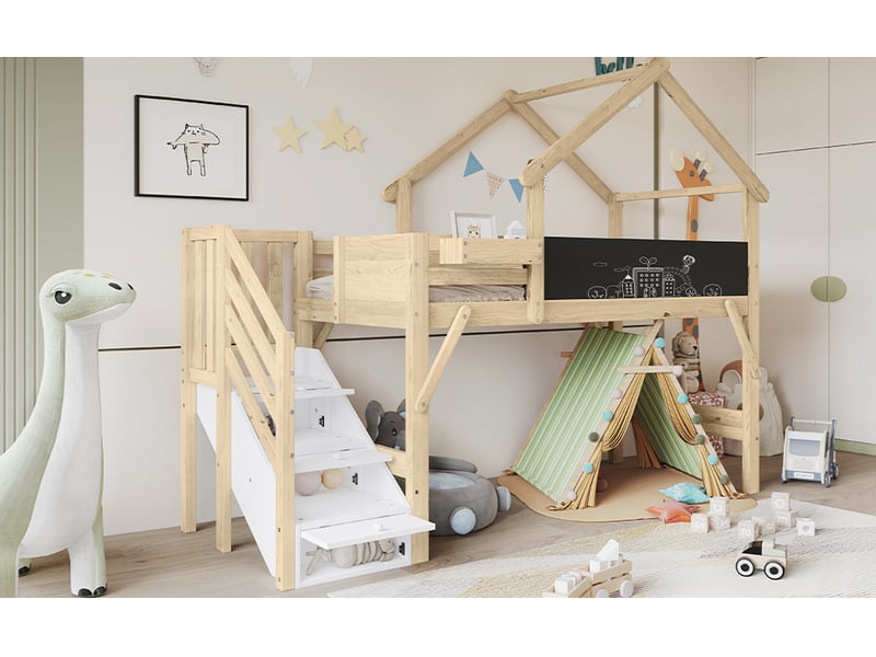  Lit mezzanine cabane avec escalier de rangement - 90x200cm - 3 casiers dans l'escalier et tableau à craie - avec sommier à lattes - blanc et naturel  - Conforama B