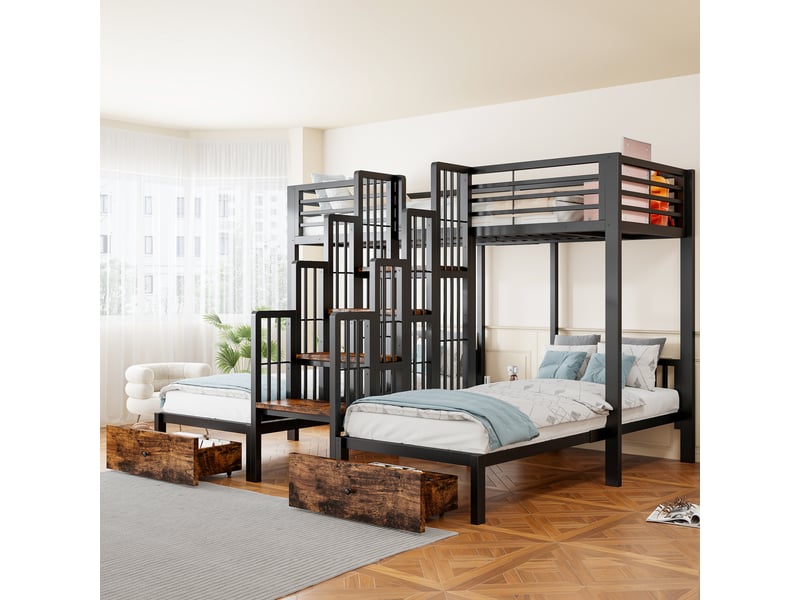  Lit superposé 90 × 200 cm 3 places avec escalier, barrières et 2 tiroirs, sans matelas, métal et bois noir  - Conforama B