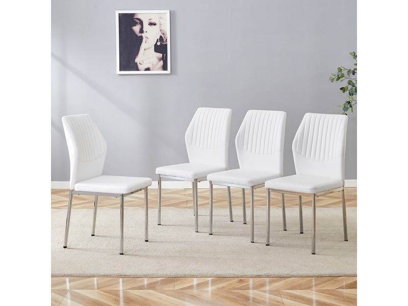 Lot de 4 chaises de salle à manger en cuir pu blanc, pieds en métal argenté, style luxe léger, hauteur 93 cm - Conforama R