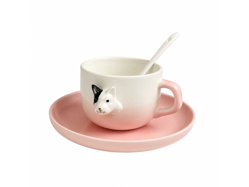  Ensemble tasse, soucoupe et cuillère, bull-terrier rose, céramique, 200 ml  - Conforama A