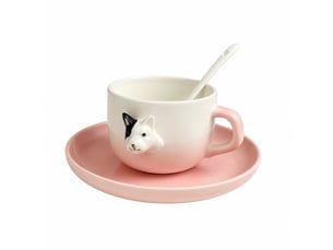 Ensemble tasse, soucoupe et cuillère, bull-terrier rose, céramique, 200 ml
