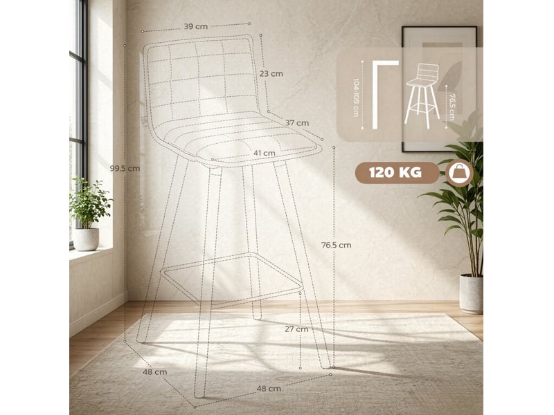  Lot de 2 tabourets de bar avec dossier rembourré et repose-pieds pour cuisine en tissu et bois gris clair  - Conforama C