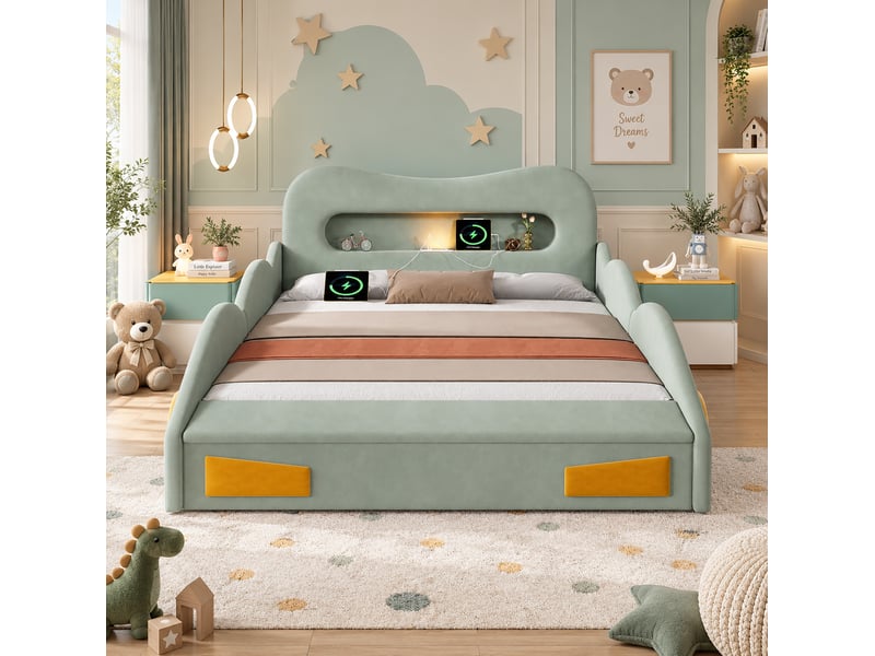  Lit enfant 140x200 cm avec led, port de charge et rangement vert  - Conforama E
