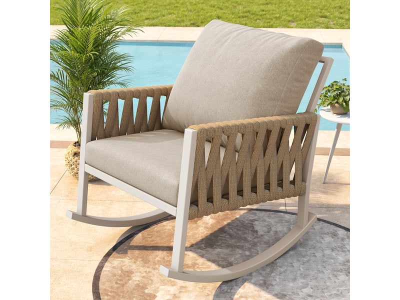 Lot de 1 chaises de jardin - fauteuil à bascule avec coussins et accoudoirs en corde croisée - fer - beige  - Conforama E