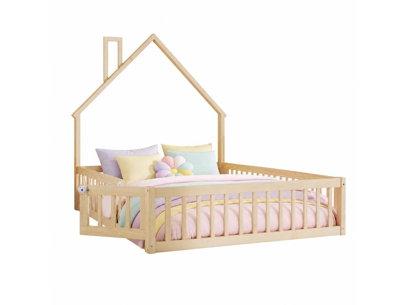 Lit cabane enfant 140x190 cm avec sommier à lattes, pin et mdf naturel - Conforama A