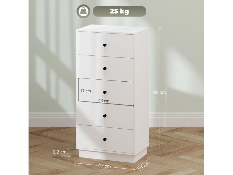  Commode 47 x 29 x 95 cm blanche en bois, 5 tiroirs, meuble de rangement pour salon et chambre  - Conforama C