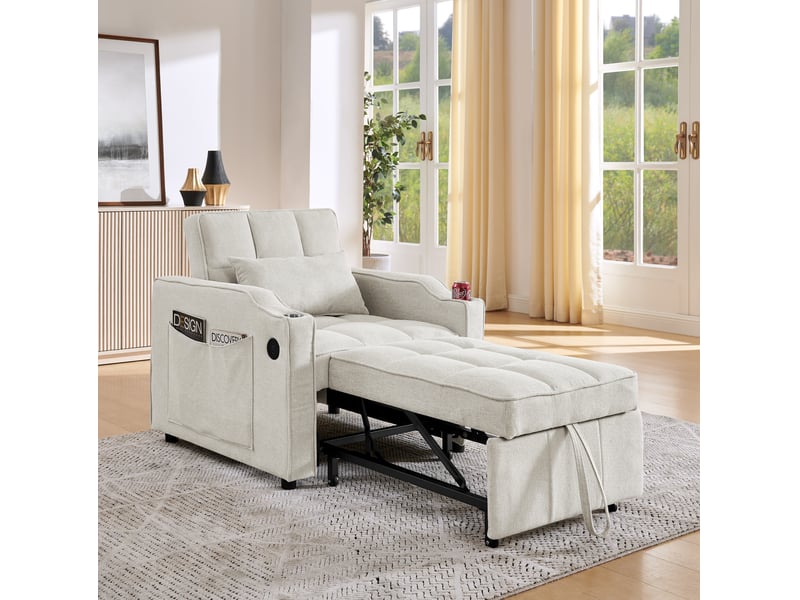  Fauteuil convertible 1 place beige en tissu, couchage 190 cm, usb-c et dossier réglable à 3 positions  - Conforama B