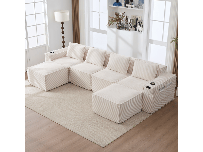  Canapé droit modulable 4 places, 330x162x75cm, avec 2 poufs, porte-gobelets, rangements latéraux, velours côtelé, beige  - Conforama B