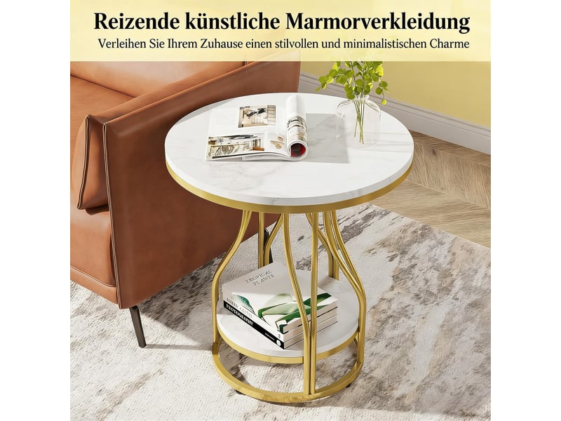  Table d'appoint ronde, 50x50x60 cm, 2 niveaux avec rangement, mdf, marbre blanc doré  - Conforama D