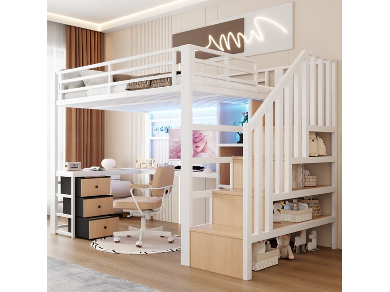  Lit mezzanine 90x200 cm, avec bureau et rangements, avec led, en métal, blanc, sans matelas  - Conforama C