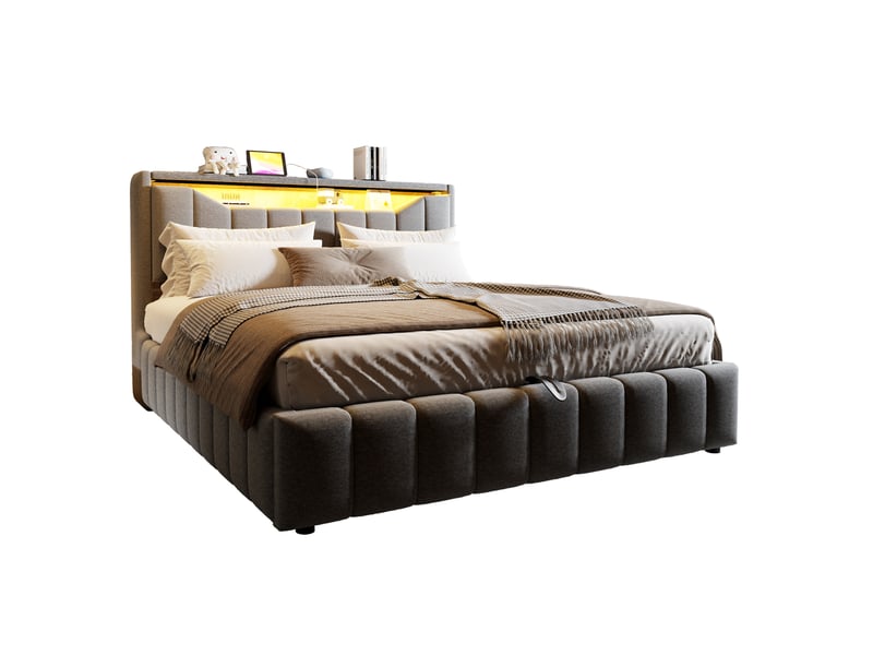  Lit coffre 180 × 200 cm 2 places avec led, usb et usb-c, rangement hydraulique, sans matelas, tissu gris  - Conforama A
