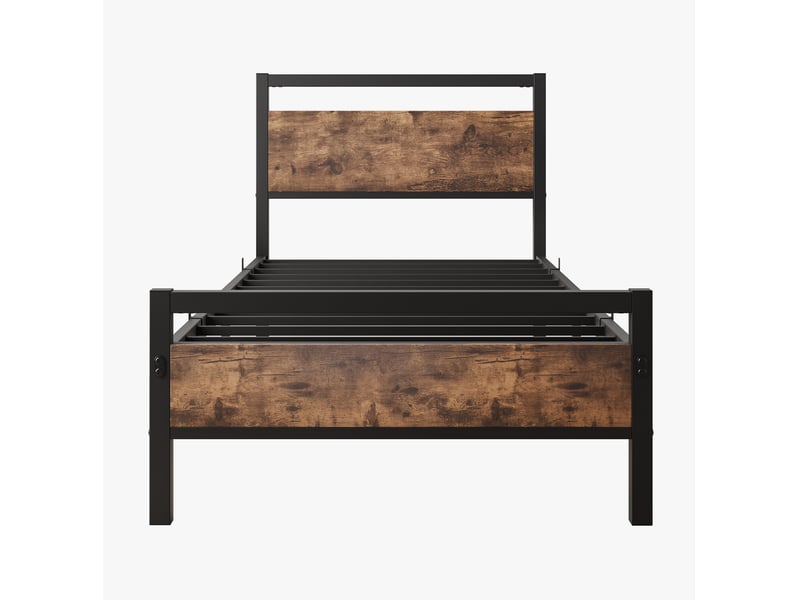  Lit simple 90 × 200 cm 1 place avec rangement sous le lit, tête et pied de lit, sans matelas, métal et mdf, marron  - Conforama A
