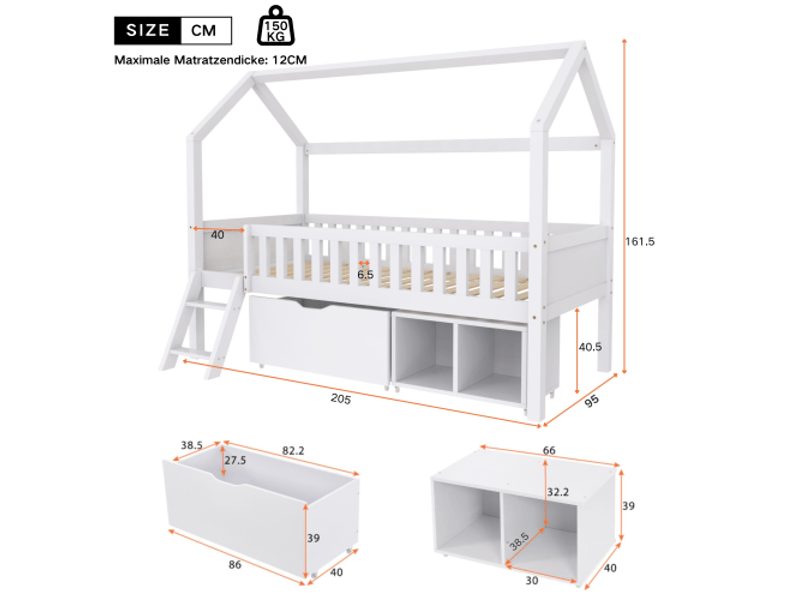  Lit cabane pour enfants en bois massif 90x200cm avec 1 tiroir,2 compartiments de rangement,escalier et garde-corps,blanc lit enfant blanc - Conforama C