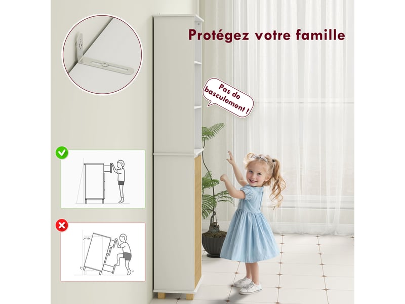  Colonne salle de bain, blanc, meuble salle de bain rangement avec porte à lattes en bambou et compartiments ouverts  - Conforama R