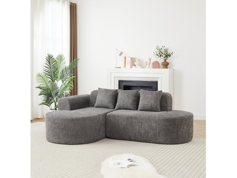  Canapé d'angle gauche 3 places avec méridienne et 3 coussins de dossier, design arrondi en chenille gris anthracite  - Conforama D