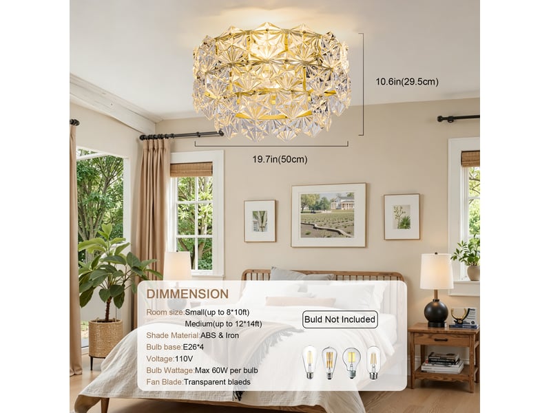  Ventilateur de plafond 19 pouces avec lustre en cristal au style luxe doré, motif en losanges, pales en abs, support app et télécommande, 6 vitesses avec fonction réversible  - Conforama C