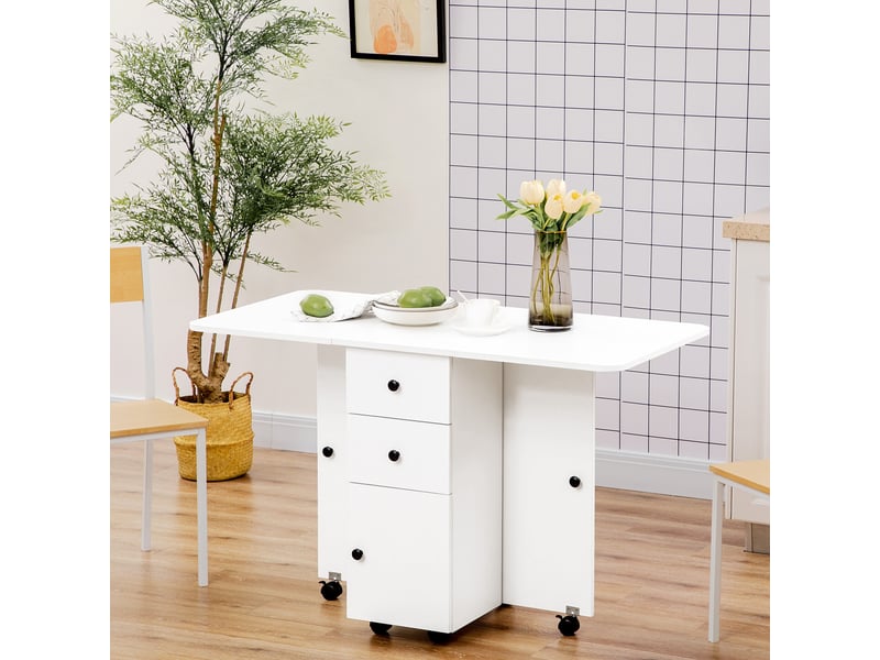  Table pliante à roulettes avec abattants, table d'appoint multifonctionnelle avec rangement, 120 x 60 x 76,5 cm, blanche  - Conforama D