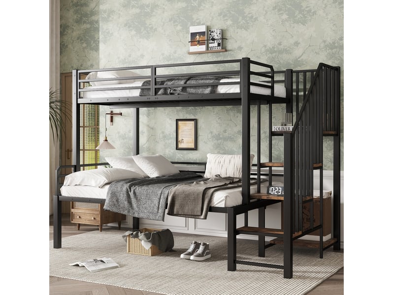  Lit superposé 90x200 et 120x200 cm en métal noir et mdf effet bois vintage  - Conforama C