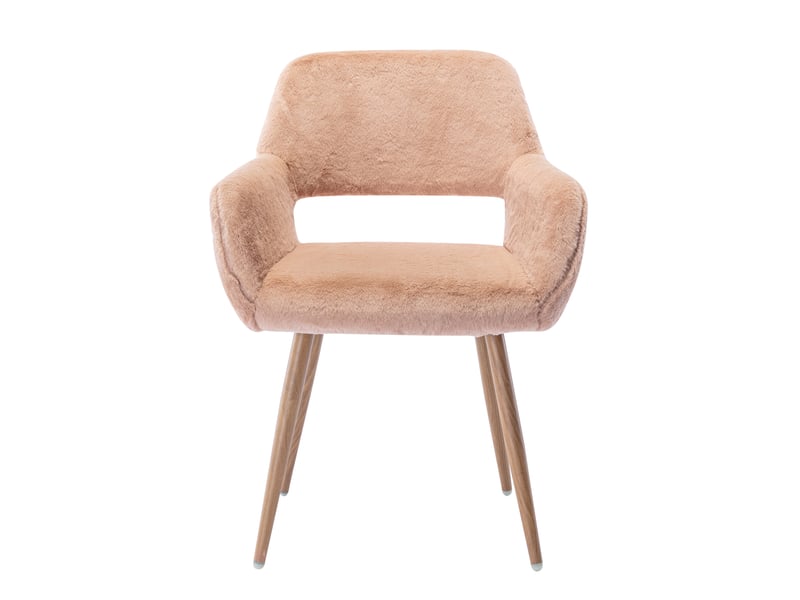  Chaise de salle à manger avec accoudoirs, dossier ajouré et pieds en acier effet bois, en fausse fourrure camel  - Conforama A