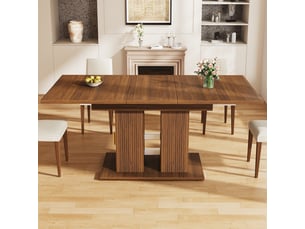 Table à manger extensible 120-160x80 cm pour 4 à 6 personnes, rangement des deux côtés avec étagères, double piètement rainuré, brun foncé