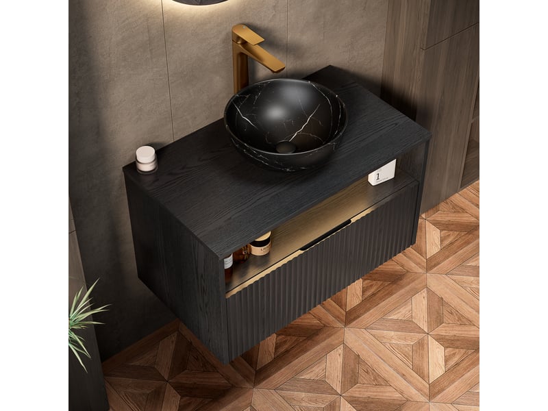 Meuble sous vasque suspendu avec tiroir, niche ouverte et led à détection pour salle de bain, 80×46×60,8 cm, noir - Conforama E