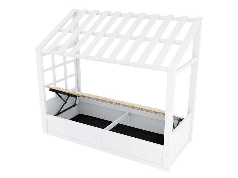  Lit cabane enfant 90x200 en bois avec toit et fenêtre, lit avec coffre de rangement hydraulique et étagères latérales, blanc  - Conforama D