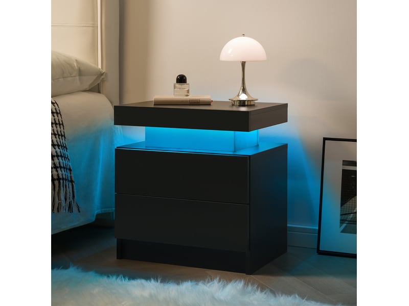  Table de chevet led 50 x 36 x 53 cm – noir – 2 tiroirs, rangement ouvert et éclairage réglable  - Conforama B