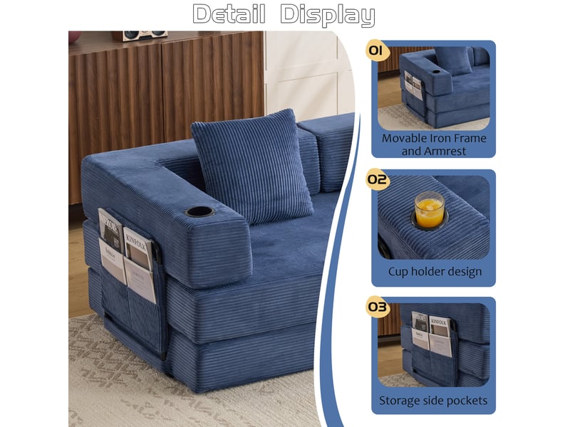  Canapé de sol convertible 185x92,5x60 cm 2 places pliable en velours côtelé bleu foncé  - Conforama E