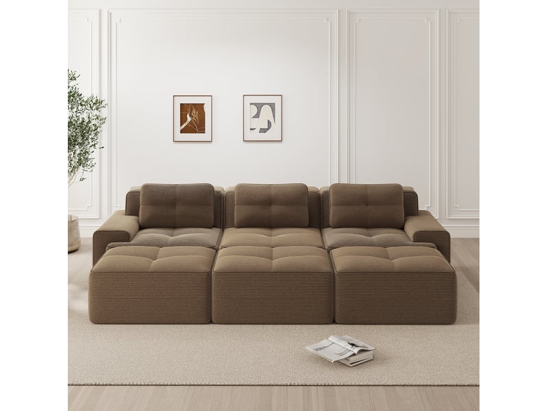  Canapé d'angle ulevr modulable 3 places avec fonction couchage et 3 poufs, velours côtelé marron, 293 x 177 x 69 cm  - Conforama B
