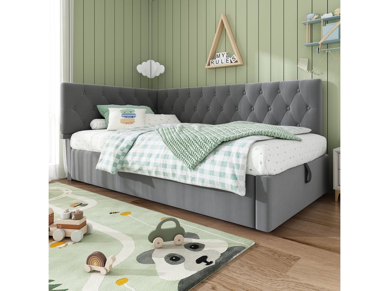 Lit banquette 90x200 lit coffre hydraulique canapé lit velours gris avec sommier  - Conforama B