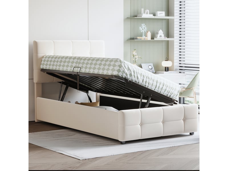 Lit coffre rembourré 90 x 200 cm, coffre à relevage hydraulique, tête de lit réglable, sommier à lattes, structure rembourrée, velours, beige ABC - Conforama B
