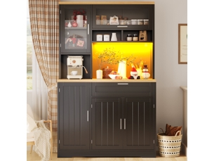 Meuble de rangement haut 104x40x180 cm, armoire de rangement, tiroir, portes, luminaire led, pour cuisine, salon, mdf+métal, noir