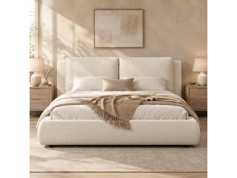  Lit coffre double 180 x 200 cm beige en bouclé avec sommier à lattes et tête de lit  - Conforama D