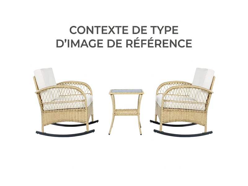  Ensemble de balcon en rotin, 3 pièces, comprenant 2 fauteuils à bascule, une table en verre, des coussins beiges, résistant aux intempéries, capacité de charge 160 kg  - Conforama B