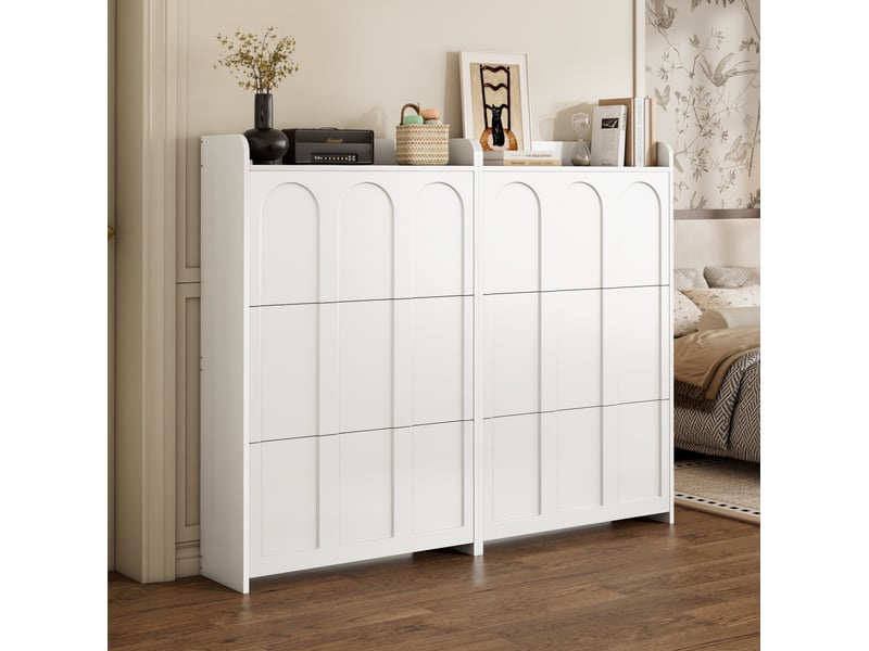  Lot de 2 meubles à chaussures à 6 portes abattantes, 140x25x120 cm, mdf blanc  - Conforama C