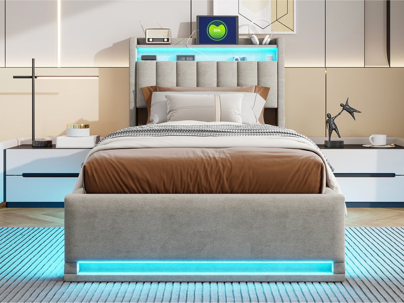  Lit coffre 90 x 200 avec sommier led et usb, lit simple rembourré avec hydraulique rangement e tete de lit, lit 1 personne pour adultes et ado  - Conforama B