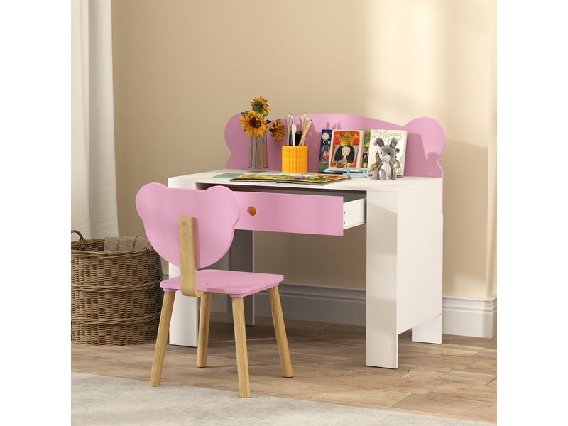  Ensemble bureau enfant avec tiroir et chaise à dossier ours en peluche, 3-8 ans, rose  - Conforama C