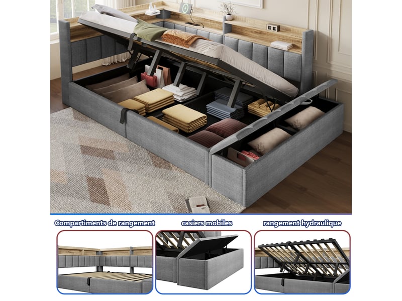  Canapé-lit coffre 140 x 200 cm - avec prise électrique - avec port usb + bande lumineuse led - gris (matelas non inclus)  - Conforama R