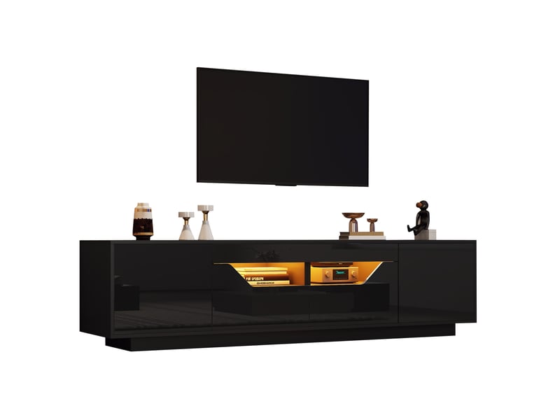 Meuble tv avec 2 portes, 2 tiroirs et niches semi-ouvertes, éclairage led, pour salon, noir, 180 × 40 × 45 cm - Conforama A