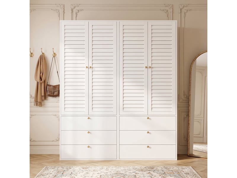  Armoire blanche 4 portes à lamelles 180 x 50 x 200 cm, portes battantes avec 2 tringles et 6 tiroirs, pour chambre et chambre d’enfant  - Conforama B