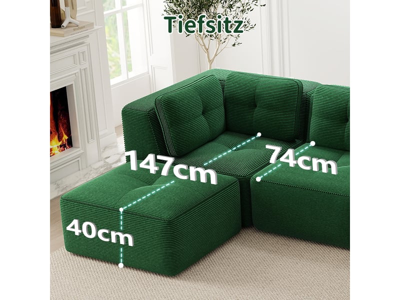 Canapé d’angle modulable 4 places velours côtelé vert – 386 x 177 x 69 cm Fay Lum - Conforama E