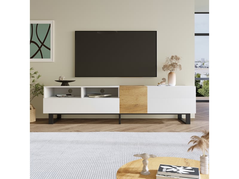  Meuble tv modenvie blanc et décor bois 180 x 38 x 50 cm avec 2 tiroirs et 2 portes  - Conforama B