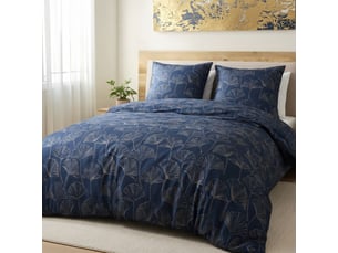 Parure housse de couette 260x240cm + 2 taies motif feuillage ginko bleu et beige 100% microfibre - valfor