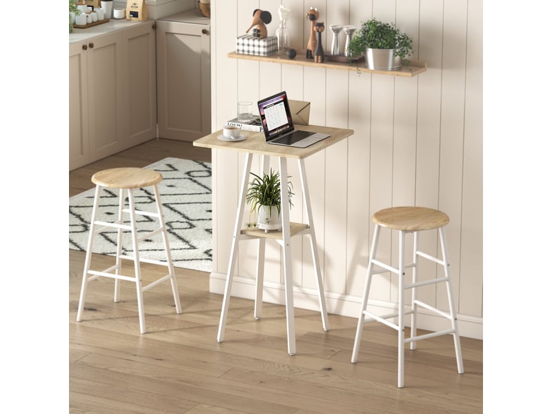  Table de bar carrée pour 2 personnes, table haute cuisine mange-debout avec étagère, 55 x 55 x 95 cm, naturel et blanc  - Conforama D