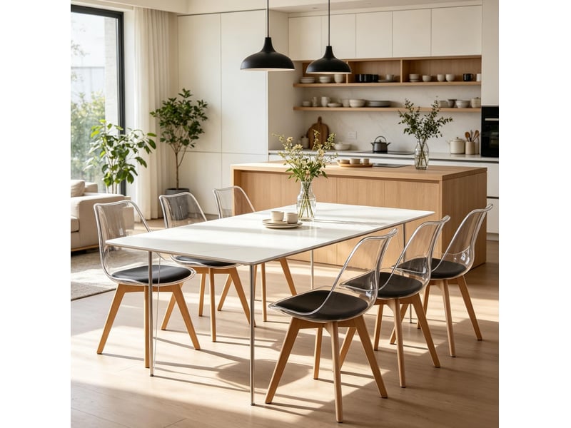  Lot de 6 chaises de salle à manger en polypropylène et similicuir noir, pieds en bois  - Conforama C
