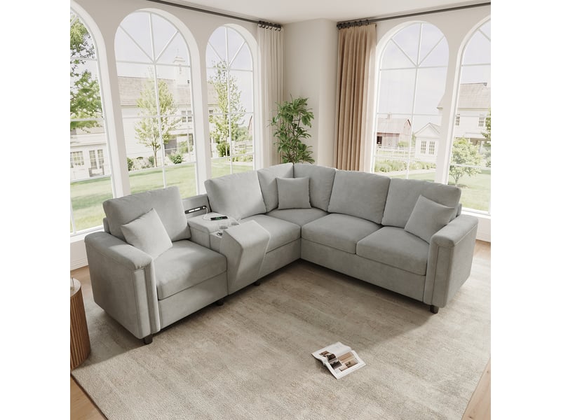  Canapé d’angle 5 places xxl 235x208x83 chenille en l avec console de rangement,ports usbusb-c et lampe de lecture, canapé moderne pour salon - gris OPULERANE TRADING LTD - Conforama B
