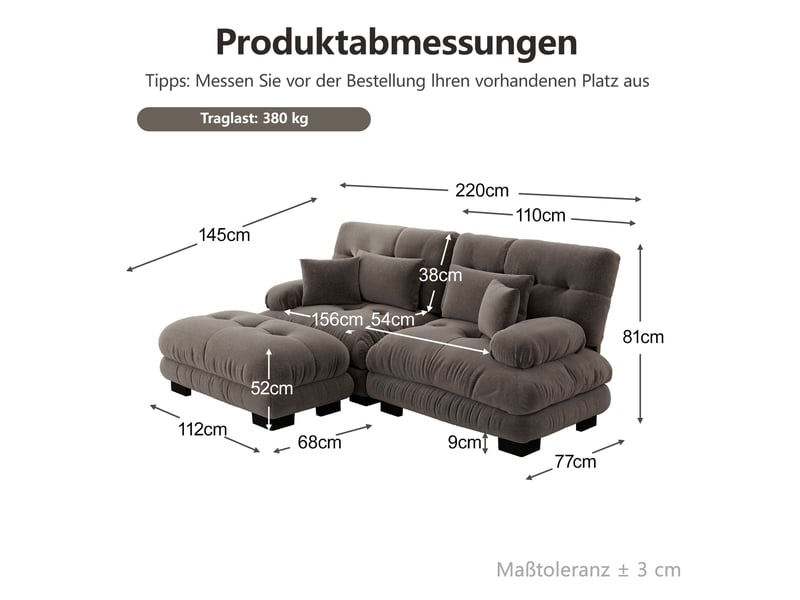  Canapé modulaire 220x145x81cm 2 places, assise confortable, meuble de salon, structure en bois, tissu chenille, marron  - Conforama C